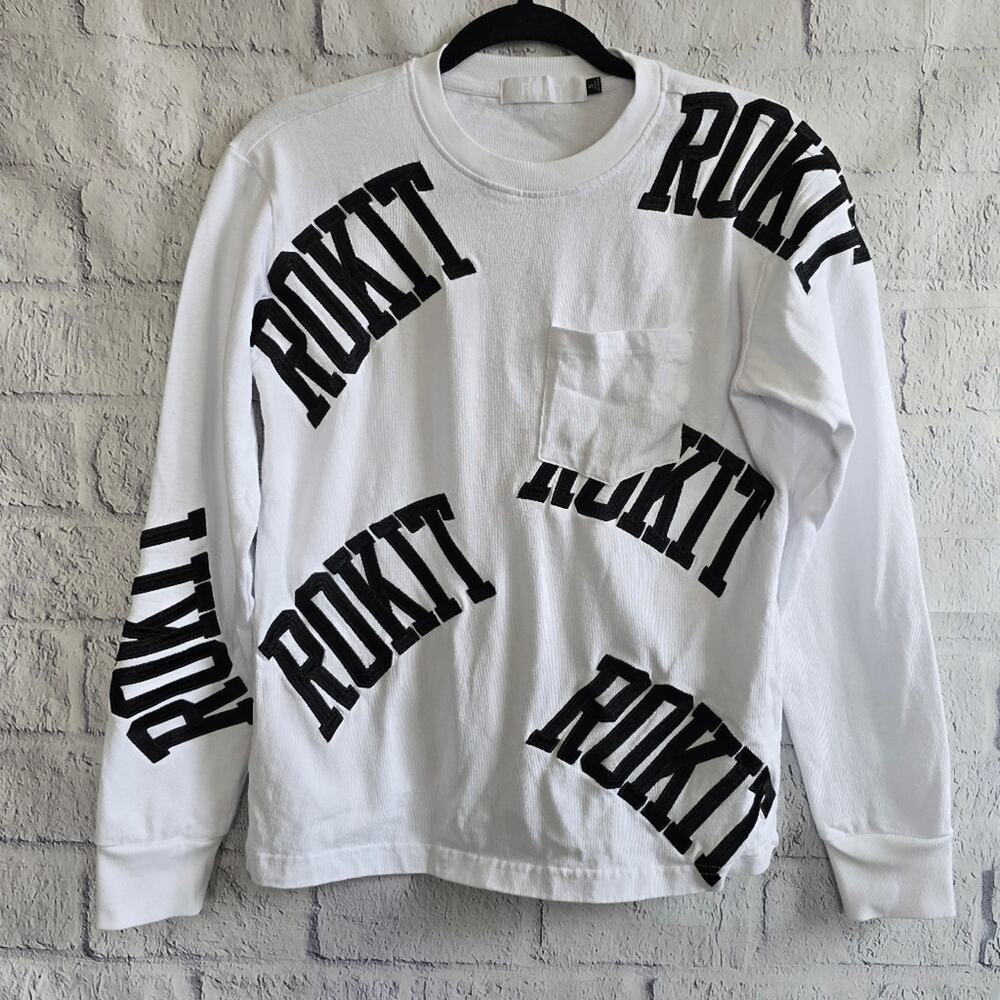 Rokit Banner Long Sleeve Logo Black And White Athletic Crewneck Sweatshirt Small